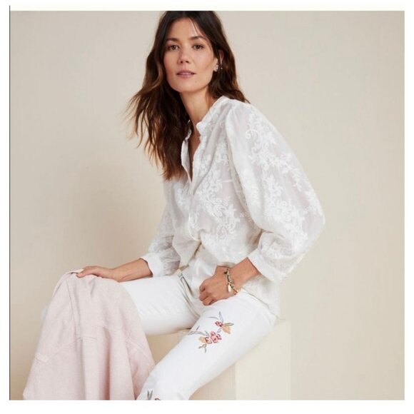 Anthropologie Pilcro Bella Femme Floral Embroidered Button Up Blouse - Picture 1 of 11